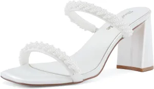 Shoe'N Tale Pearl Strappy Heels for Women Two Band Chunky Block Heeled Sandals Square Open Toe Backless Mules Slip On Pumps Dressy Shoes