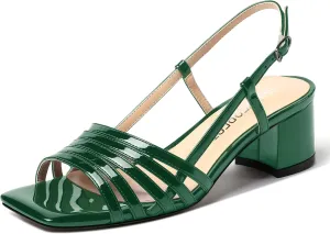 SHOWFOREST Women's Dress Square Open Toe Ankle Strap Slingback Patent Party Chunky Low Heel Sandals 2 Inch