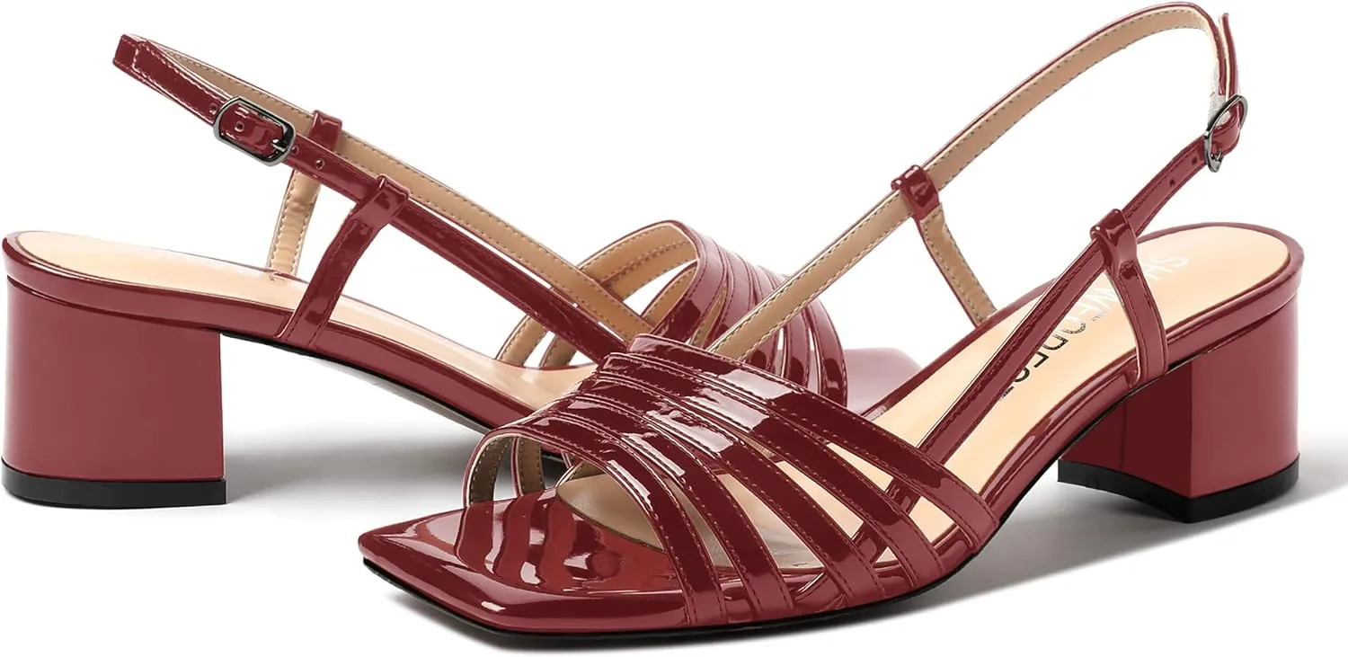 SHOWFOREST Women's Dress Square Open Toe Ankle Strap Slingback Patent Party Chunky Low Heel Sandals 2 Inch