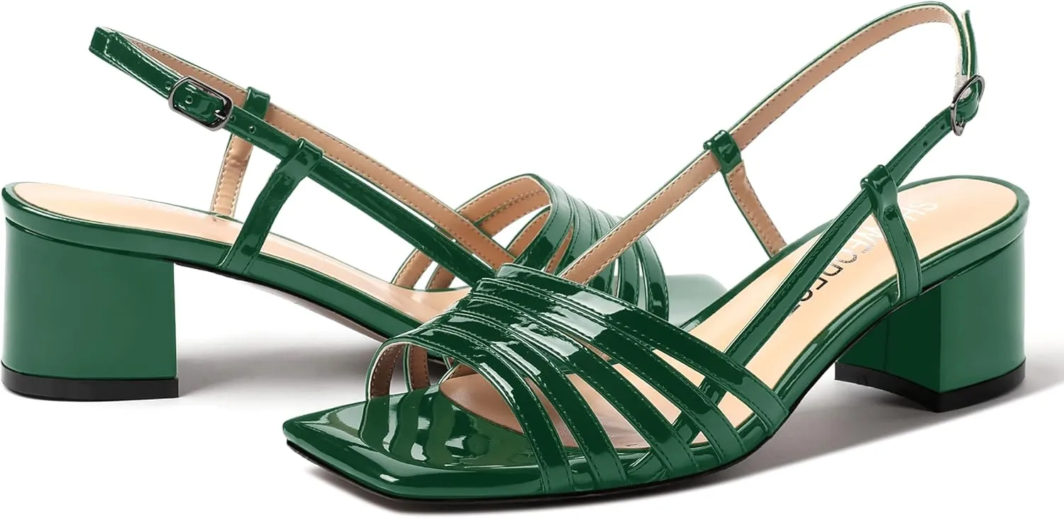 SHOWFOREST Women's Dress Square Open Toe Ankle Strap Slingback Patent Party Chunky Low Heel Sandals 2 Inch