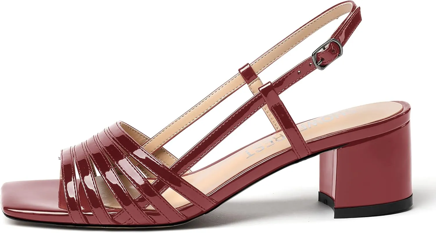 SHOWFOREST Women's Dress Square Open Toe Ankle Strap Slingback Patent Party Chunky Low Heel Sandals 2 Inch