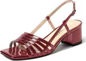 SHOWFOREST Women's Dress Square Open Toe Ankle Strap Slingback Patent Party Chunky Low Heel Sandals 2 Inch