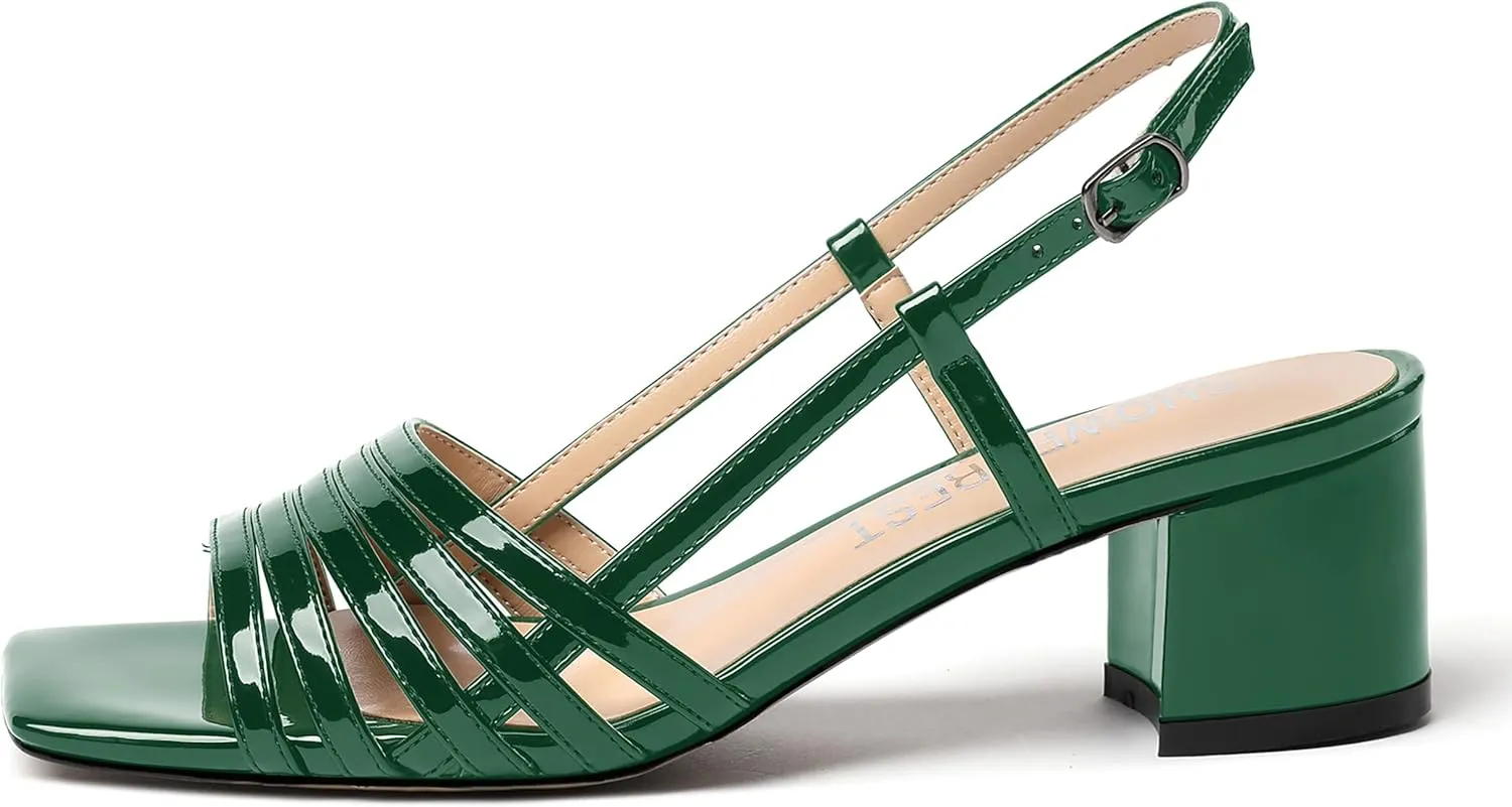 SHOWFOREST Women's Dress Square Open Toe Ankle Strap Slingback Patent Party Chunky Low Heel Sandals 2 Inch