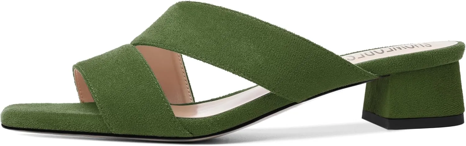 SHOWFOREST Womens Home Square Toe Solid Fashion Slip On Suede Chunky Low Heel Sandals 1.5 Inch