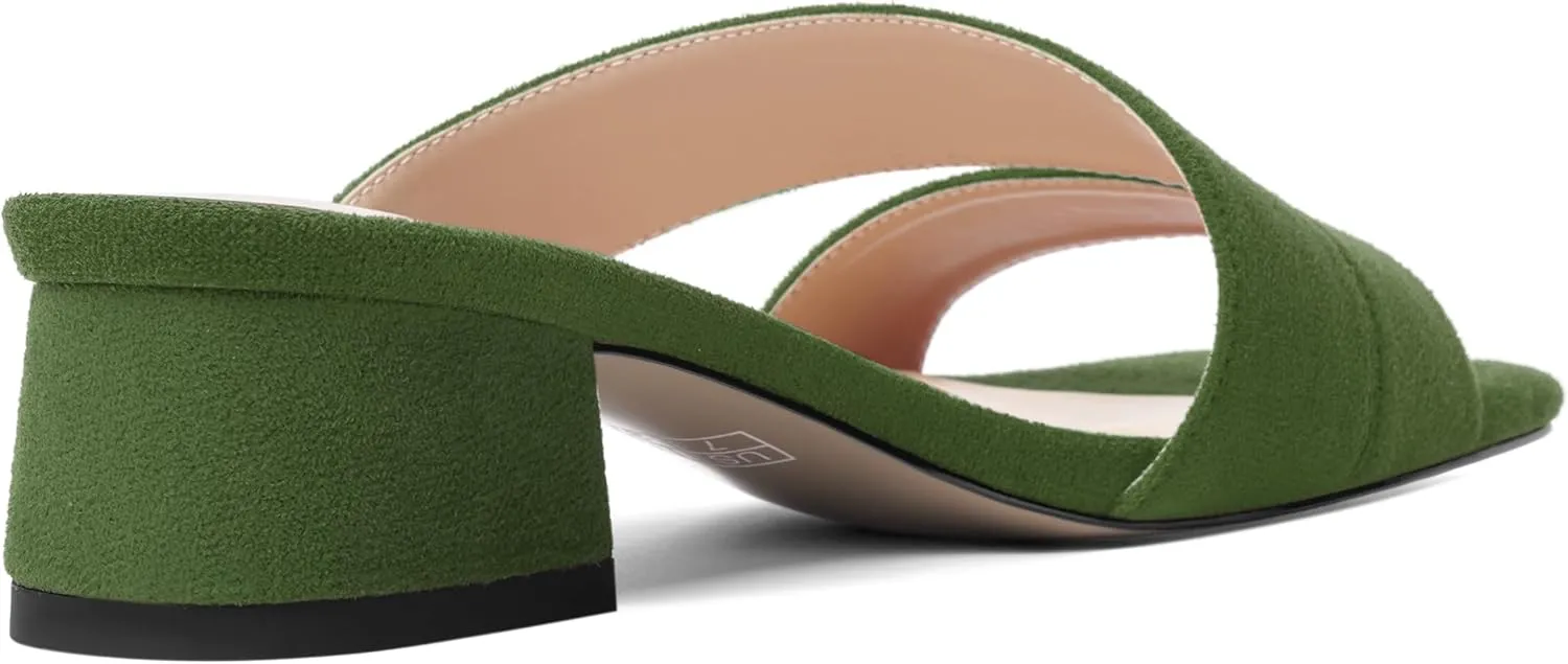 SHOWFOREST Womens Home Square Toe Solid Fashion Slip On Suede Chunky Low Heel Sandals 1.5 Inch