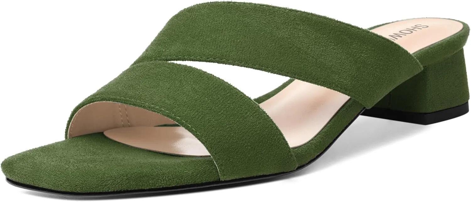 SHOWFOREST Womens Home Square Toe Solid Fashion Slip On Suede Chunky Low Heel Sandals 1.5 Inch