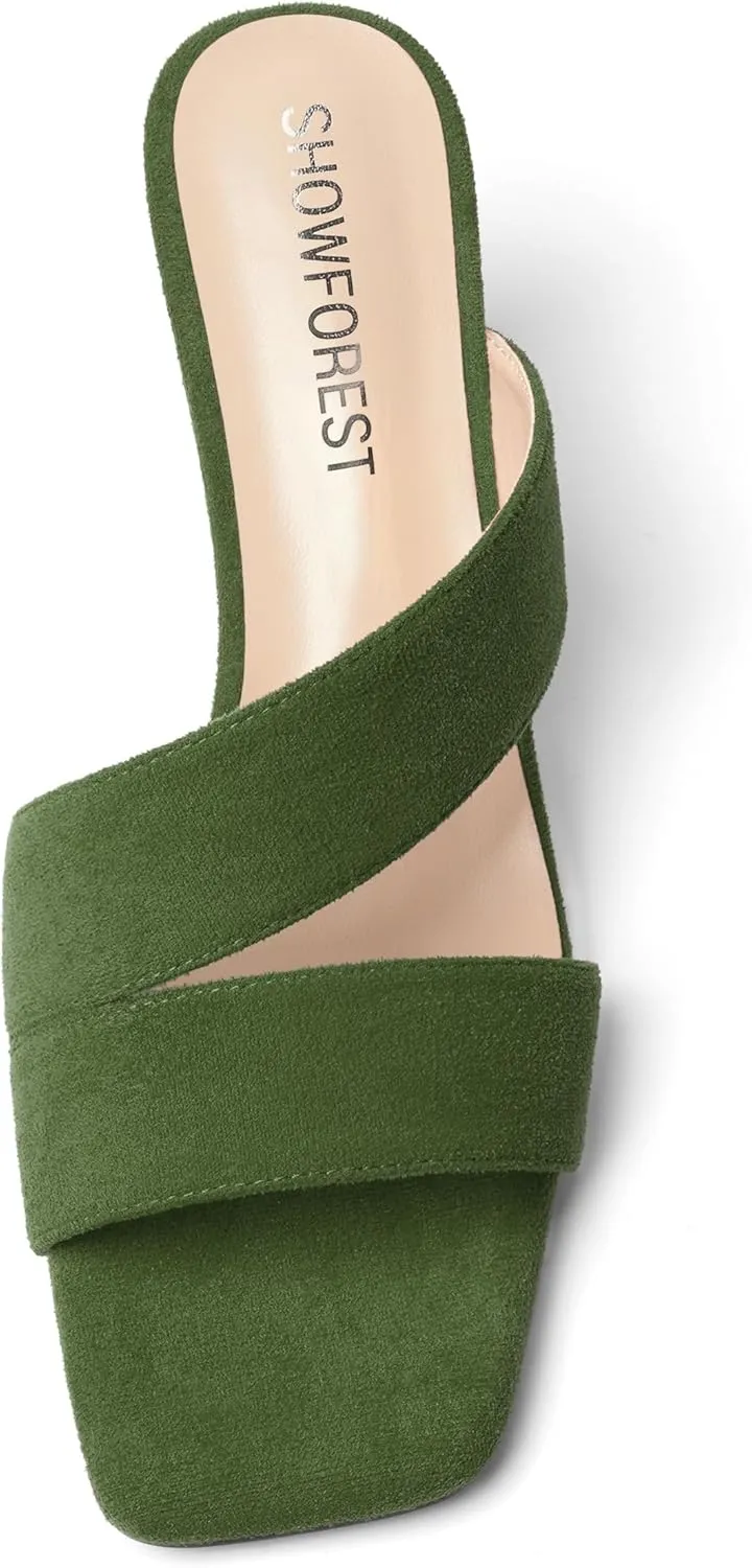 SHOWFOREST Womens Home Square Toe Solid Fashion Slip On Suede Chunky Low Heel Sandals 1.5 Inch