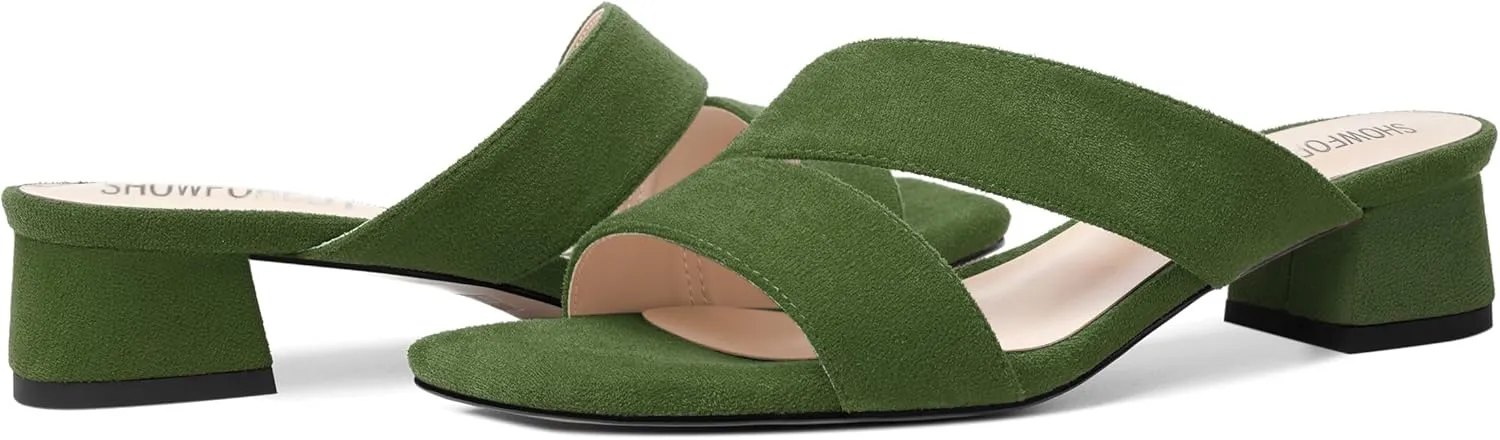 SHOWFOREST Womens Home Square Toe Solid Fashion Slip On Suede Chunky Low Heel Sandals 1.5 Inch