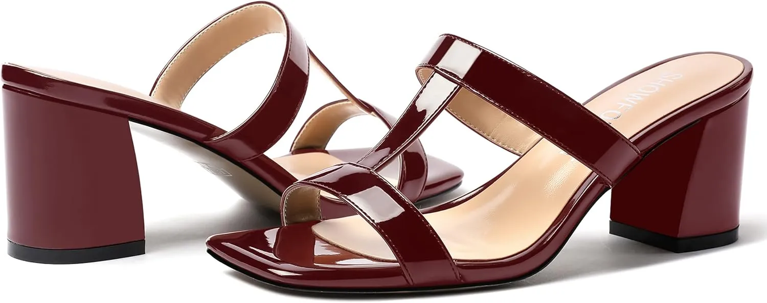 SHOWFOREST Women's Square Toe Patent Slip On Casual Chunky Mid Heel Heeled Sandals 2.5 Inch
