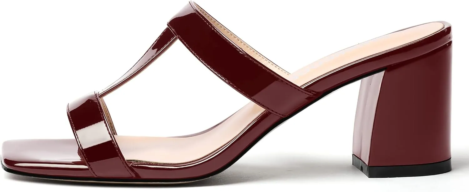 SHOWFOREST Women's Square Toe Patent Slip On Casual Chunky Mid Heel Heeled Sandals 2.5 Inch