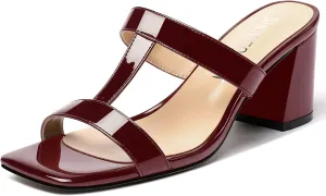 SHOWFOREST Women's Square Toe Patent Slip On Casual Chunky Mid Heel Heeled Sandals 2.5 Inch