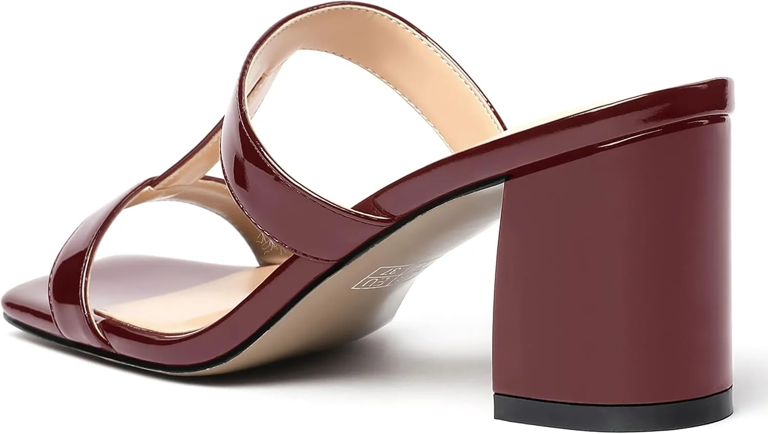 SHOWFOREST Women's Square Toe Patent Slip On Casual Chunky Mid Heel Heeled Sandals 2.5 Inch