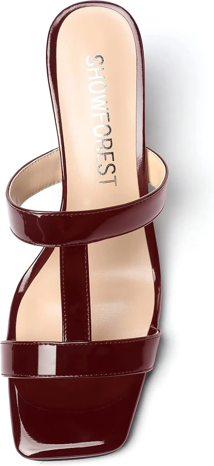 SHOWFOREST Women's Square Toe Patent Slip On Casual Chunky Mid Heel Heeled Sandals 2.5 Inch