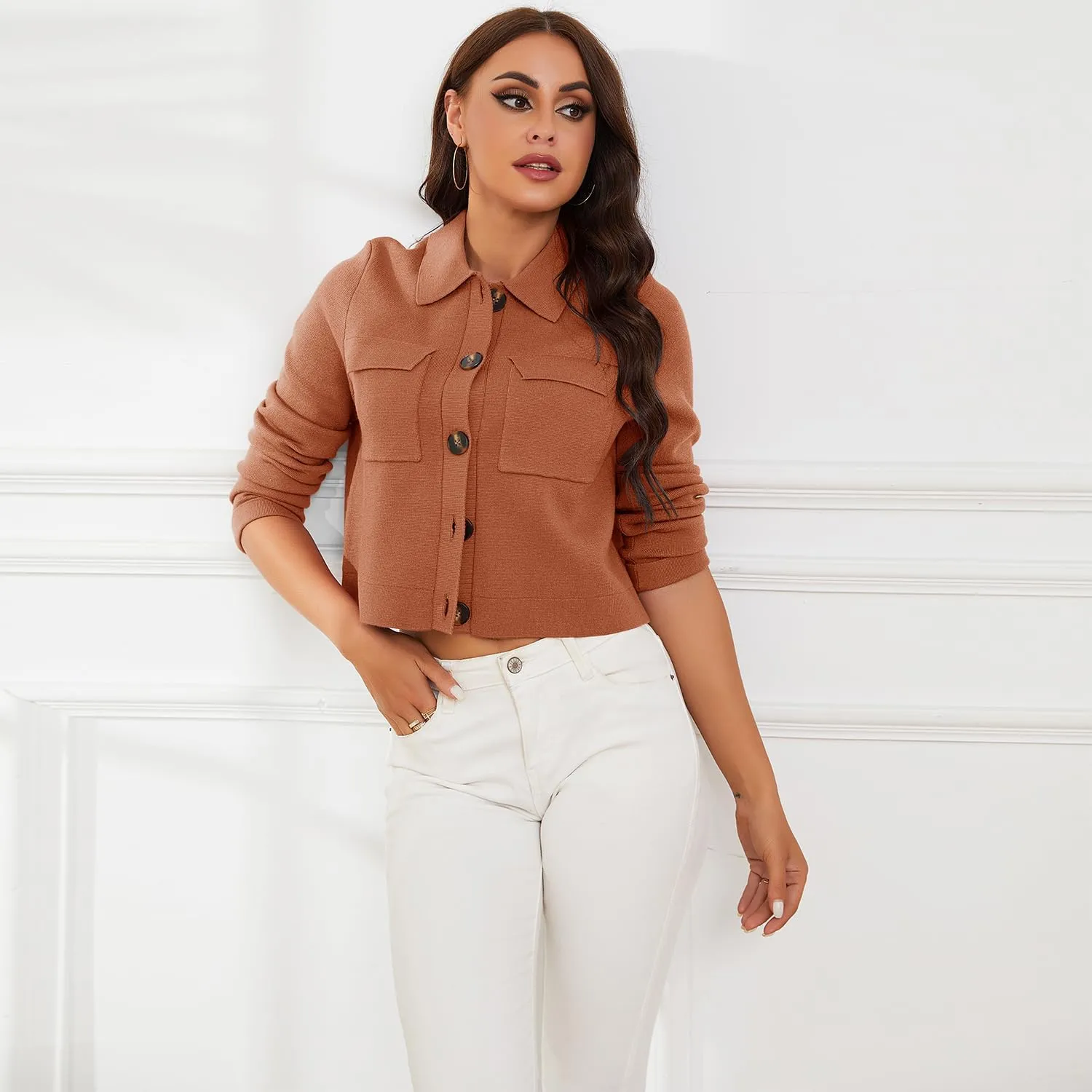 Shy Velvet Women 2025 Shackets Jacket Patch-Pocket Sweaters Merino Cardigan Open Front Button Down Cropped Jackets