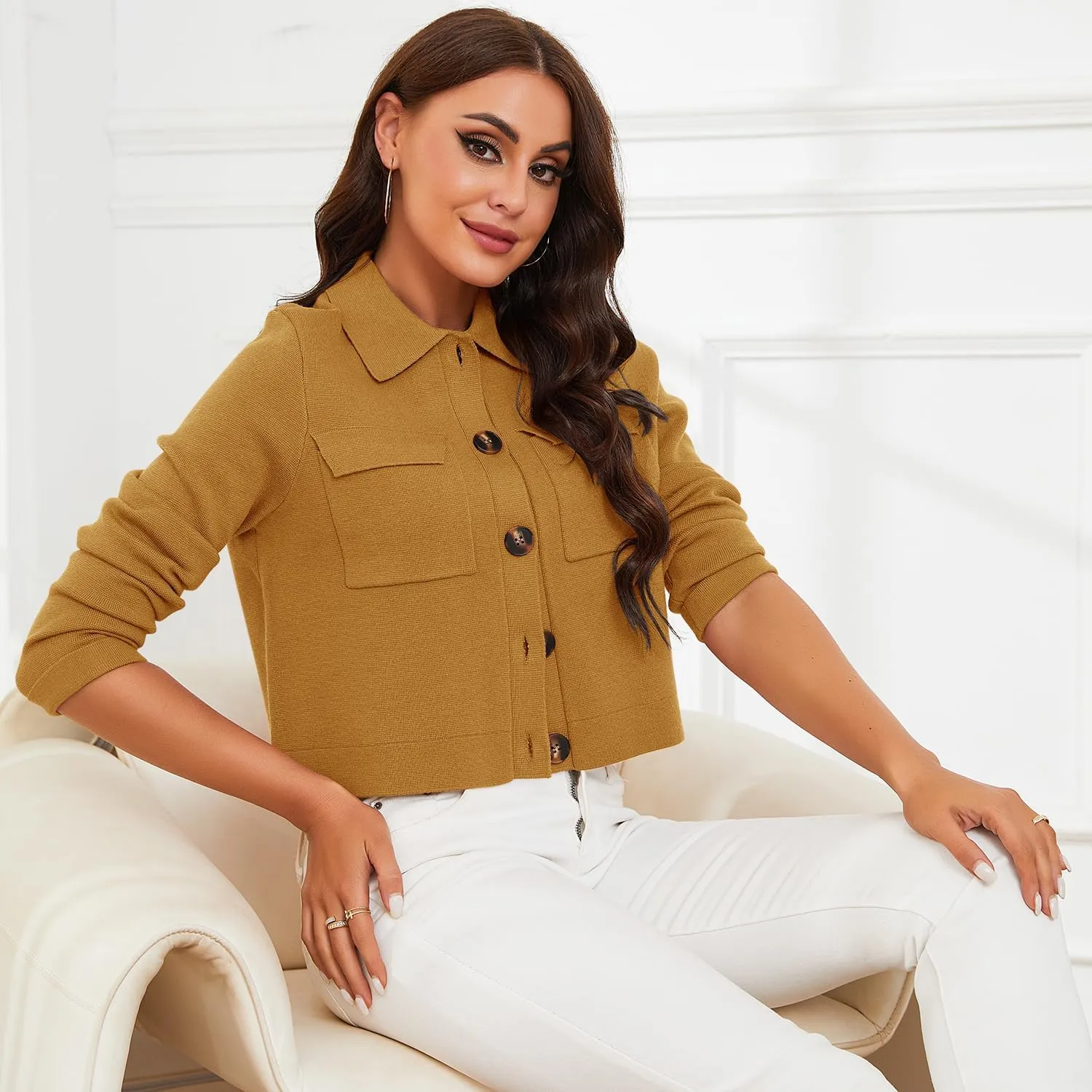 Shy Velvet Women 2025 Shackets Jacket Patch-Pocket Sweaters Merino Cardigan Open Front Button Down Cropped Jackets