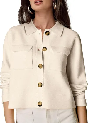 Shy Velvet Women 2025 Shackets Jacket Patch-Pocket Sweaters Merino Cardigan Open Front Button Down Cropped Jackets