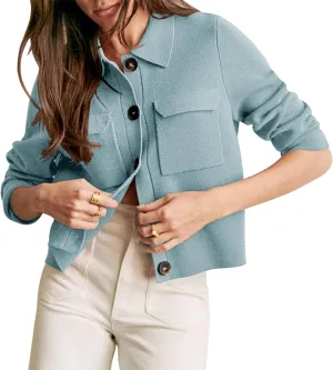 Shy Velvet Women 2025 Shackets Jacket Patch-Pocket Sweaters Merino Cardigan Open Front Button Down Cropped Jackets