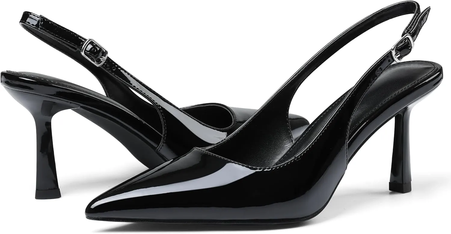 Slingback Heels for Women Closed Pointed Toe Kitten Stiletto Heels with Buckle Comfortable Womens Pumps Casual Dress Shoes