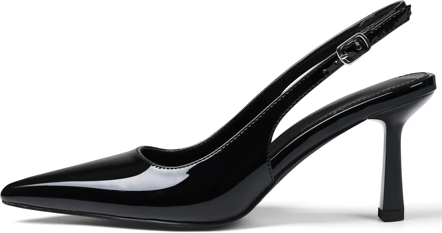 Slingback Heels for Women Closed Pointed Toe Kitten Stiletto Heels with Buckle Comfortable Womens Pumps Casual Dress Shoes