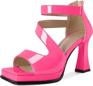 Soireelady Womens Platform Chunky Heel Sandals, Square Open Toe Block High Heels, Ankle Strappy Heeled Sandals Wedding Prom Dress Shoes 3.5 Inch