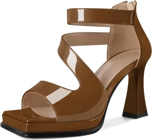 Soireelady Womens Platform Chunky Heel Sandals, Square Open Toe Block High Heels, Ankle Strappy Heeled Sandals Wedding Prom Dress Shoes 3.5 Inch