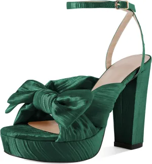 Soireelady Womens Platform Heels Bow Chunky Heels Open Toe High Heeled Sandals Ankle Strap Wedding Dress Shoes 5 Inches