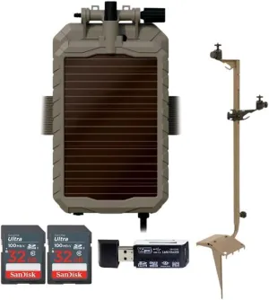 Stealth Cam Adjustable Multi-Pivot Mounting Post for Trail Camera Bundle with Sol-Pak 5000mAh Lithium-Ion Solar Battery, 4-in-1 USB Card Reader, and 32GB Memory Card (2-Pack) (5 Items)