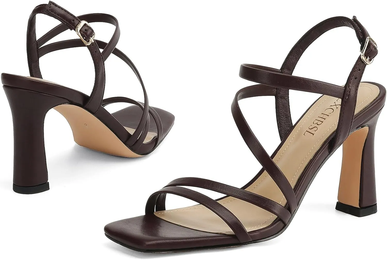Strappy Heels for Women Dressy Heeled Sandals Square Toe Heels with Ankle Strap Chunky High Heels