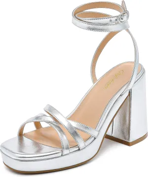 Strappy Platform Heels for Women Heeled Sandals with Lace Up Ankle Strap Square Open Toe Block Heels for Wedding Work Party Prom Dress
