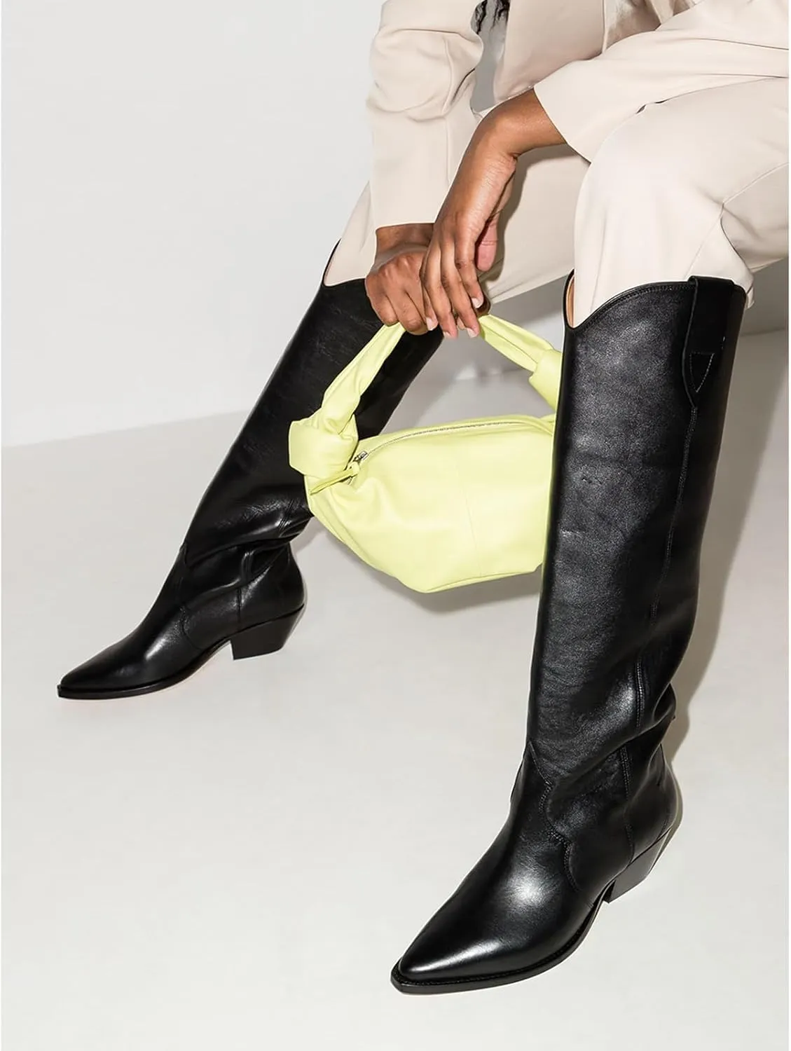 Suede Knee High Boots for Women Pointed Toe Cowboy Boots Chunky Low Heels Tall Long Boots Dressy Pull on Wide Calf Fashion Casual