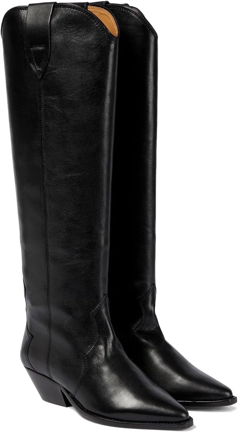 Suede Knee High Boots for Women Pointed Toe Cowboy Boots Chunky Low Heels Tall Long Boots Dressy Pull on Wide Calf Fashion Casual
