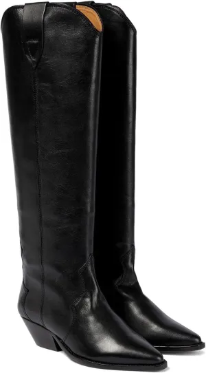Suede Knee High Boots for Women Pointed Toe Cowboy Boots Chunky Low Heels Tall Long Boots Dressy Pull on Wide Calf Fashion Casual