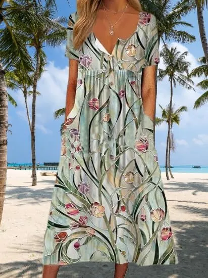 Summer Women's Floral Button-Front V-Neck Elegant Dresses Artistic Vintage Bohemian Style Long Dress with Pockets