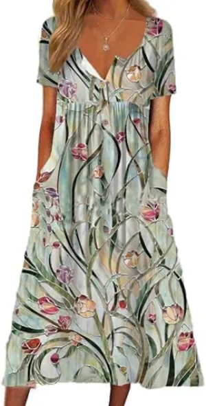 Summer Women's Floral Button-Front V-Neck Elegant Dresses Artistic Vintage Bohemian Style Long Dress with Pockets