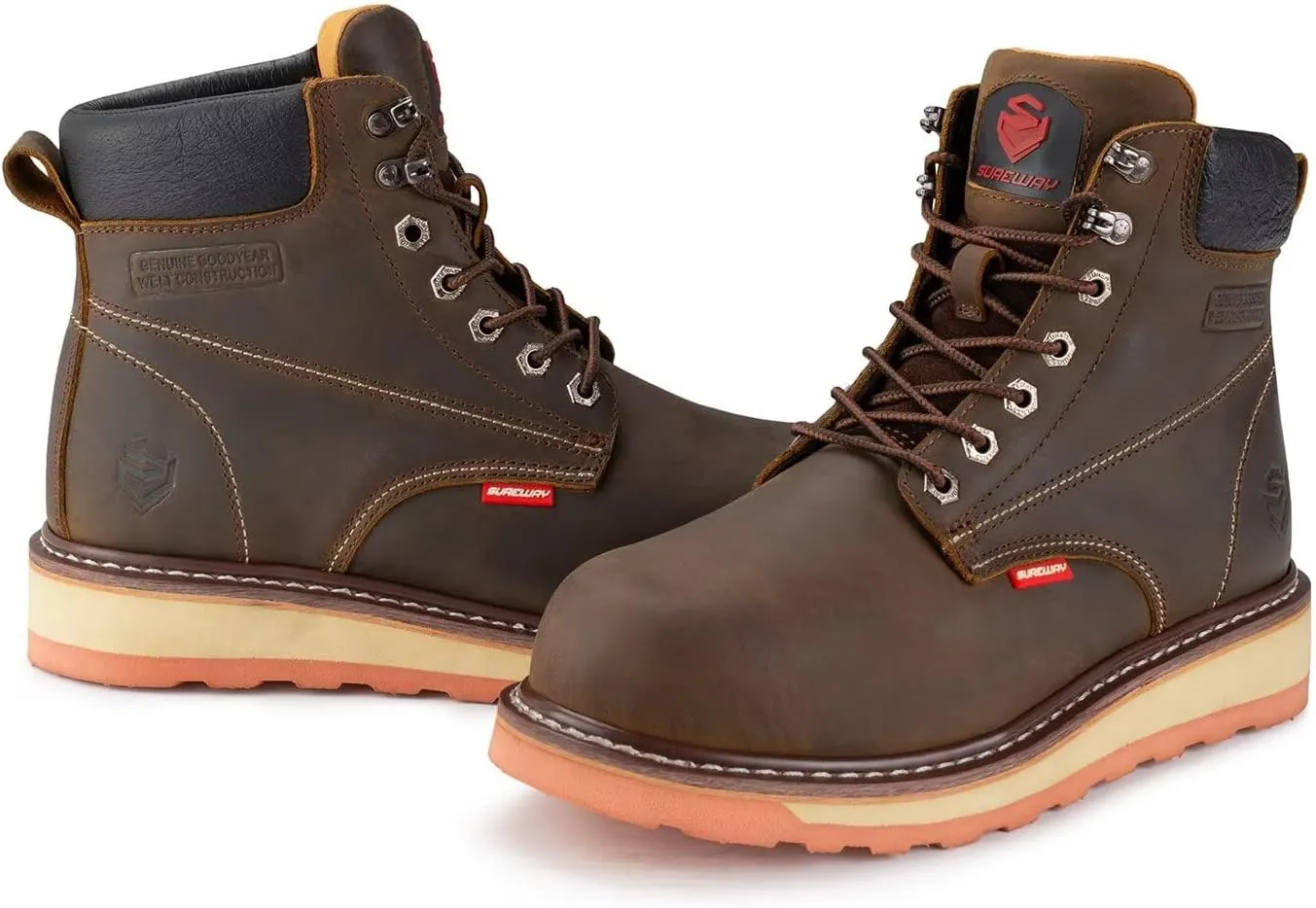 SUREWAY 6” Mens Heavy Duty Soft/Steel Toe Work Boots for Men,Goodyear Welt,Extremely Comfortable Durable Proved,Oil/Slip Resistant,Thicker Leather,Wedge Sole,EH Safety Industrial Construction Boots