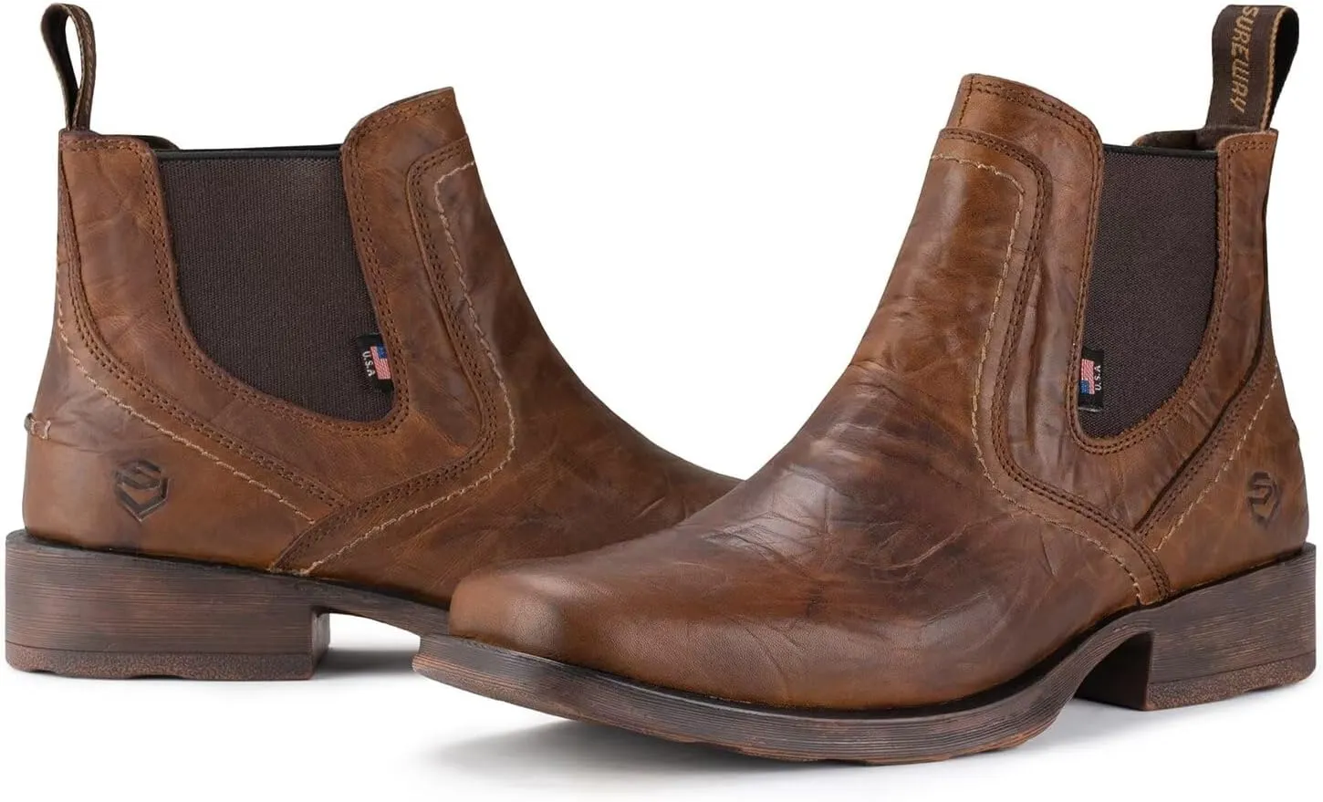 SUREWAY Mens Western Chelsea Cowboy Boots, Square Toe Casual/Work/Dress Boots, Ankle Length, Retro Stylish, Durable Comfortable, All-Weather