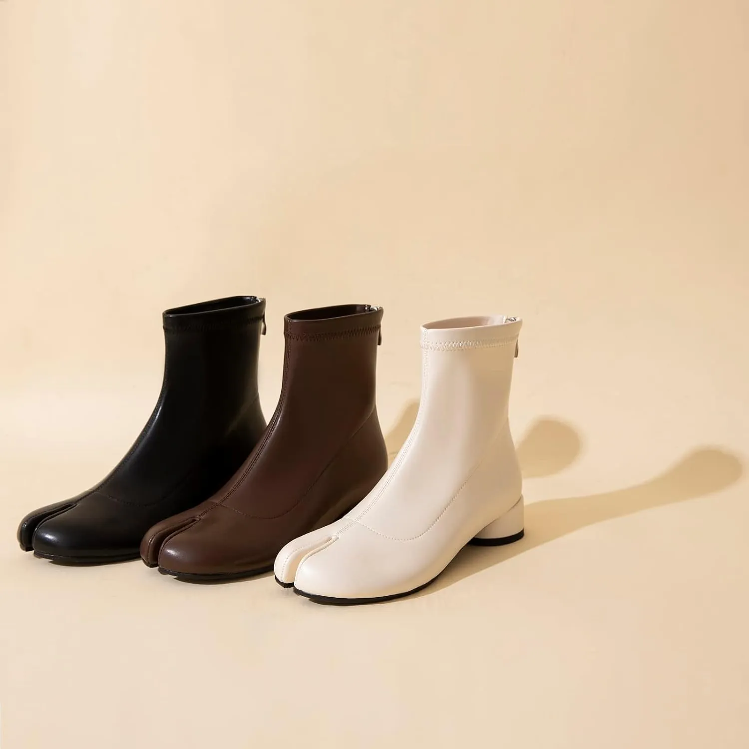 Tabi Boots Split Toe Ankle Boots for Women Japanese Ninja Shoes Low Heel Block Heels Booties Artificial Leather Boots