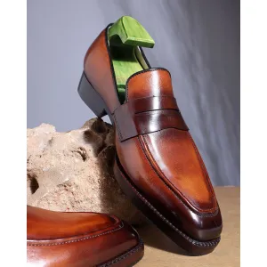 Tan Mirror Glossed Washed Patina Classic Square Penny Loafers