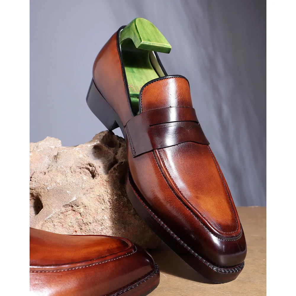 Tan Mirror Glossed Washed Patina Classic Square Penny Loafers