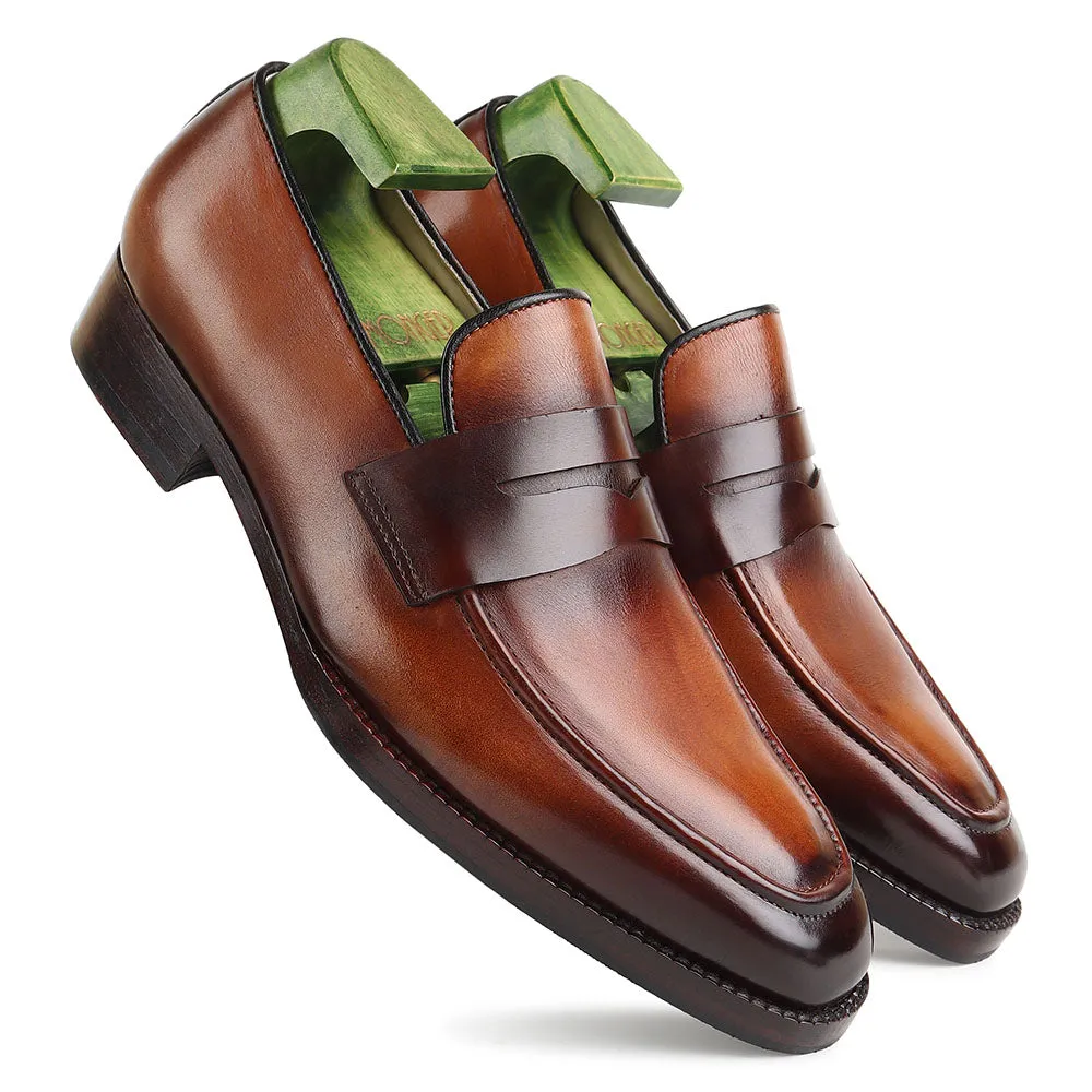 Tan Mirror Glossed Washed Patina Classic Square Penny Loafers