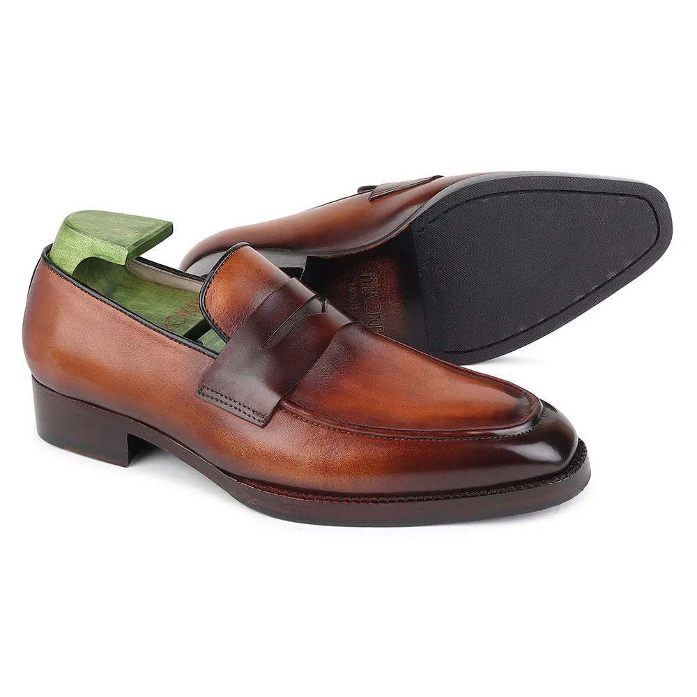 Tan Mirror Glossed Washed Patina Classic Square Penny Loafers