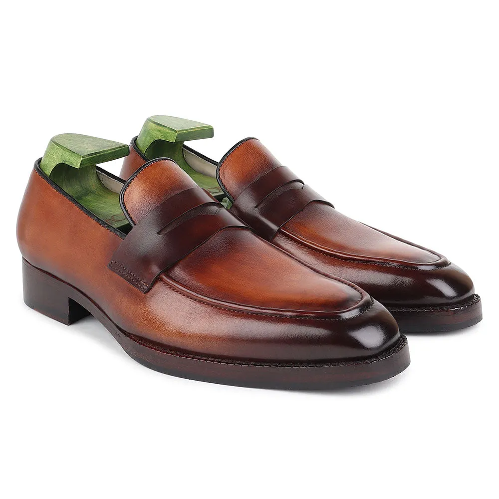 Tan Mirror Glossed Washed Patina Classic Square Penny Loafers