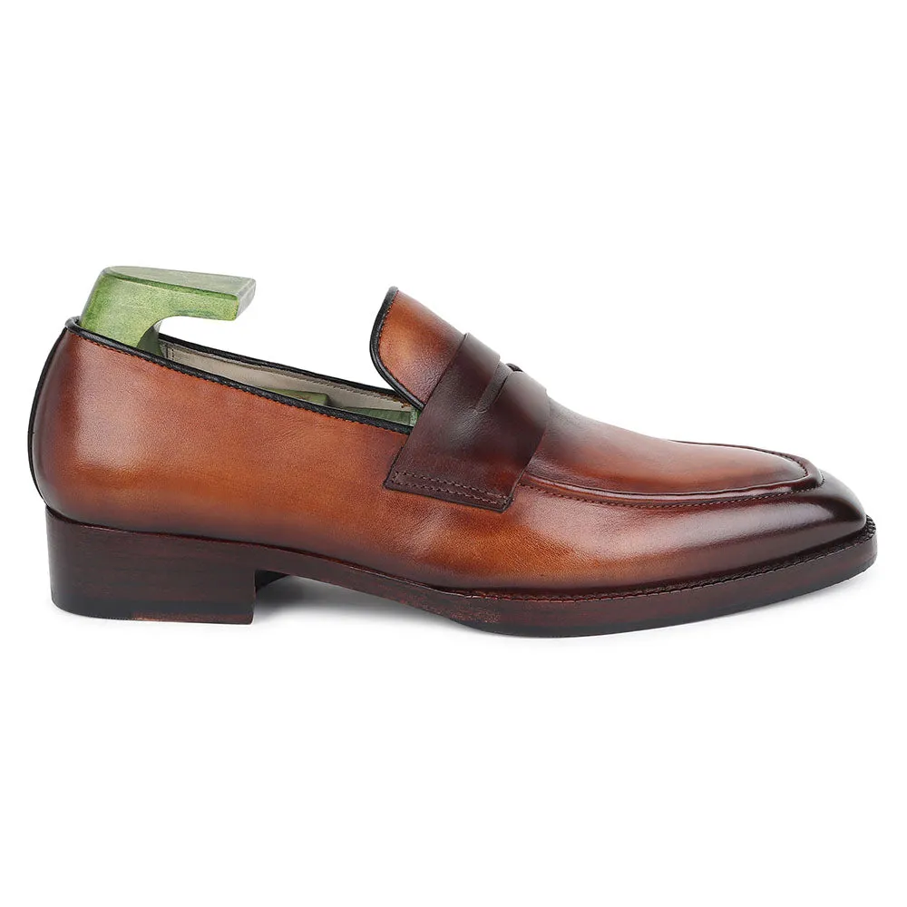 Tan Mirror Glossed Washed Patina Classic Square Penny Loafers
