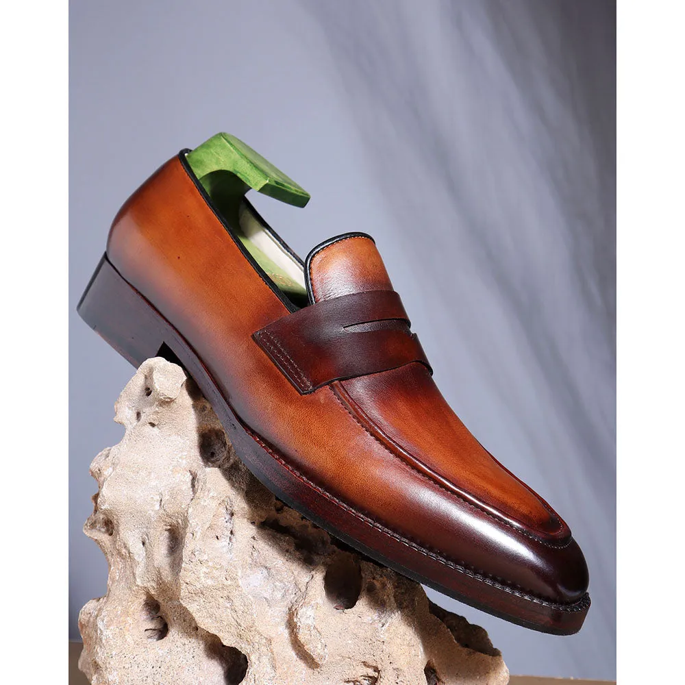 Tan Mirror Glossed Washed Patina Classic Square Penny Loafers