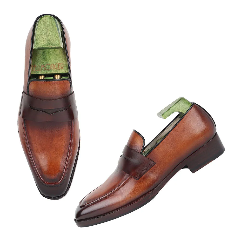 Tan Mirror Glossed Washed Patina Classic Square Penny Loafers