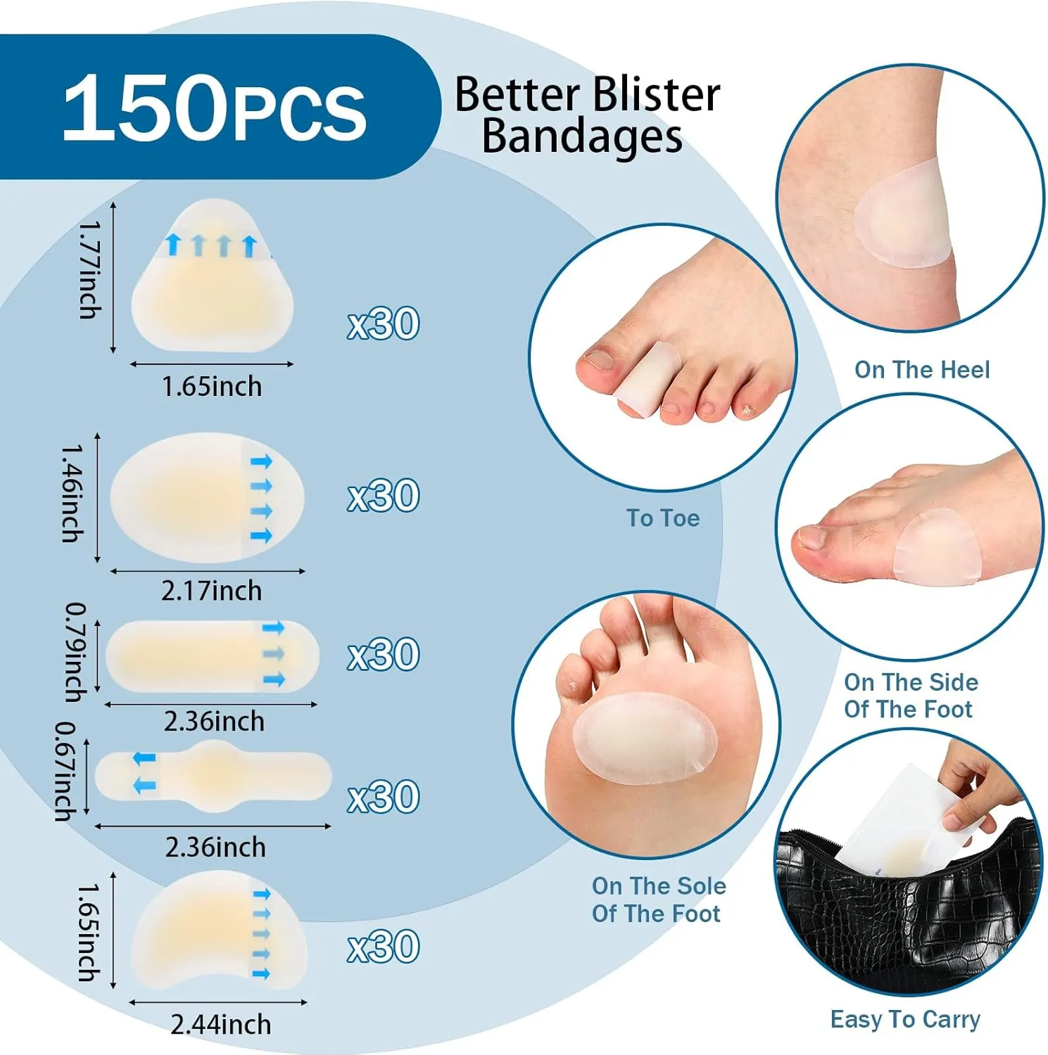 Tarpop 150 Pcs Seal Adhesive Bandages for Heel Blisters, Waterproof Hydrocolloid Pads Guard Gel Cushions Protection Patches for Heel Finger Toe Blister Prevention Patches(Stylish)