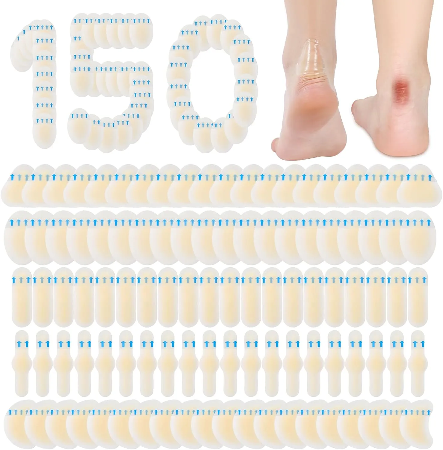 Tarpop 150 Pcs Seal Adhesive Bandages for Heel Blisters, Waterproof Hydrocolloid Pads Guard Gel Cushions Protection Patches for Heel Finger Toe Blister Prevention Patches(Stylish)