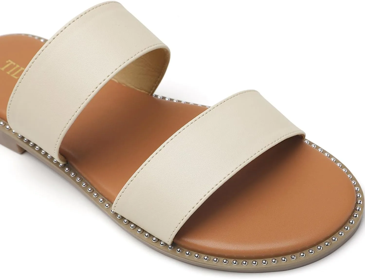 Tilocow Women's Flat Sandals with Rivets Inlaid Slip on Sandals Two Strap Casual Summer Slide Shoes