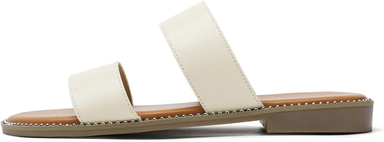 Tilocow Women's Flat Sandals with Rivets Inlaid Slip on Sandals Two Strap Casual Summer Slide Shoes