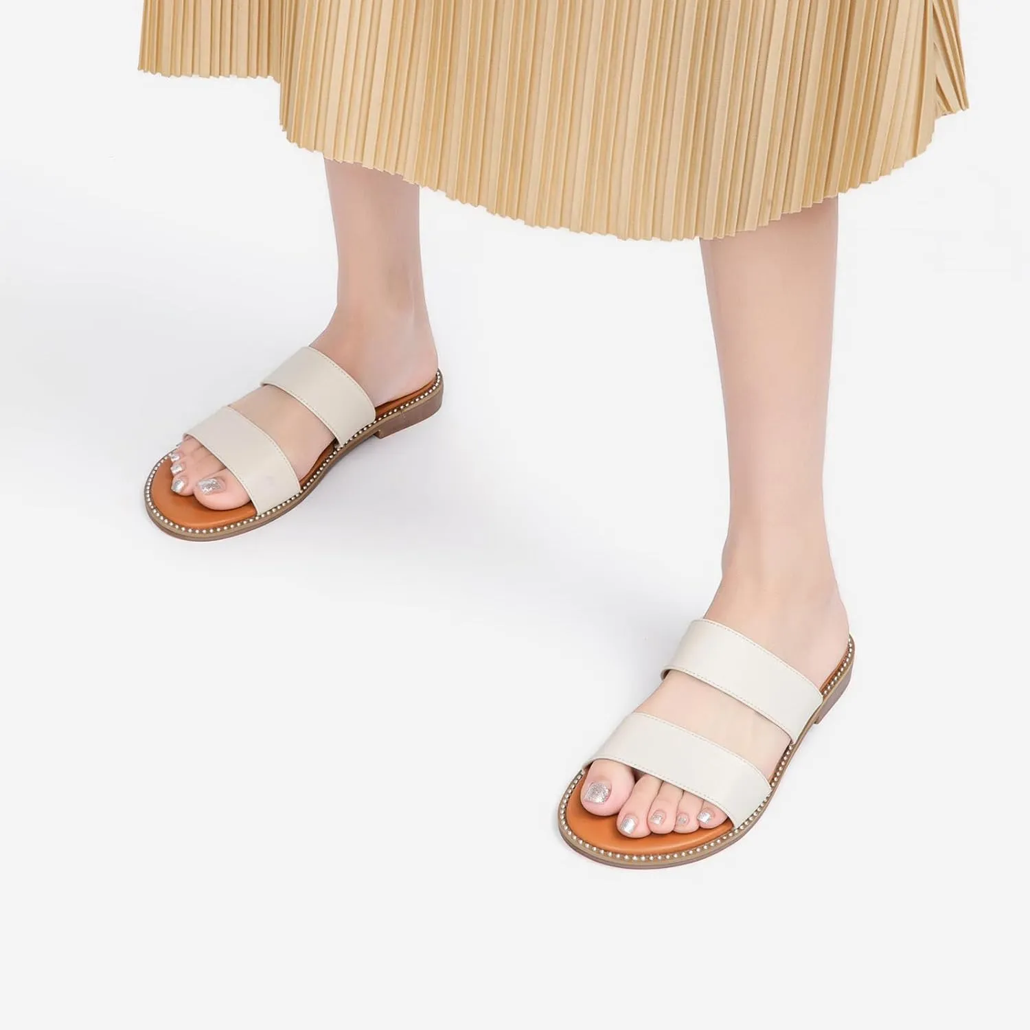 Tilocow Women's Flat Sandals with Rivets Inlaid Slip on Sandals Two Strap Casual Summer Slide Shoes